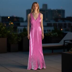 Y2K Lets Fashion Beaded Maxi Dress M Pink Shimmer Lace Up Prom Evening Mermaid